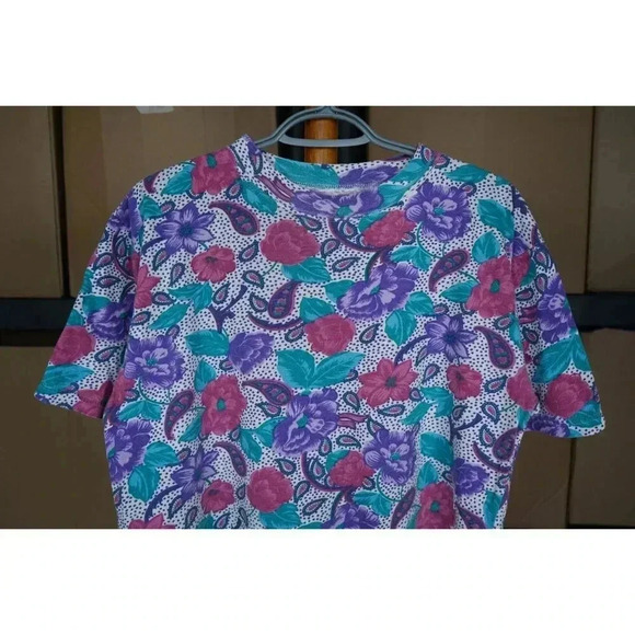 90s Floral Art AOP Vintage Tee L Cropped Boxy Fit - Picture 3 of 3